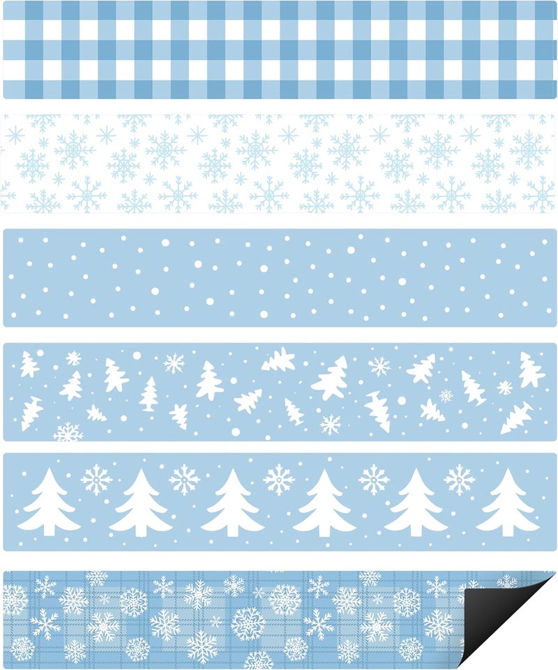 CPicdn 24Pcs Winter Classroom Magnetic Bulletin Board Borders Decoration Set, Christmas Tree Snowflakes Border Trims Blue White Classroom Chalkboard Supplies Wall Door Christmas Winter Party Decor - Image 1